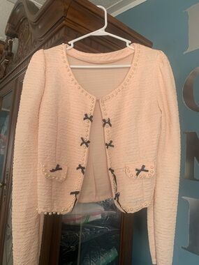 Peach Pearl-Trim Jacket with Bow Accents
